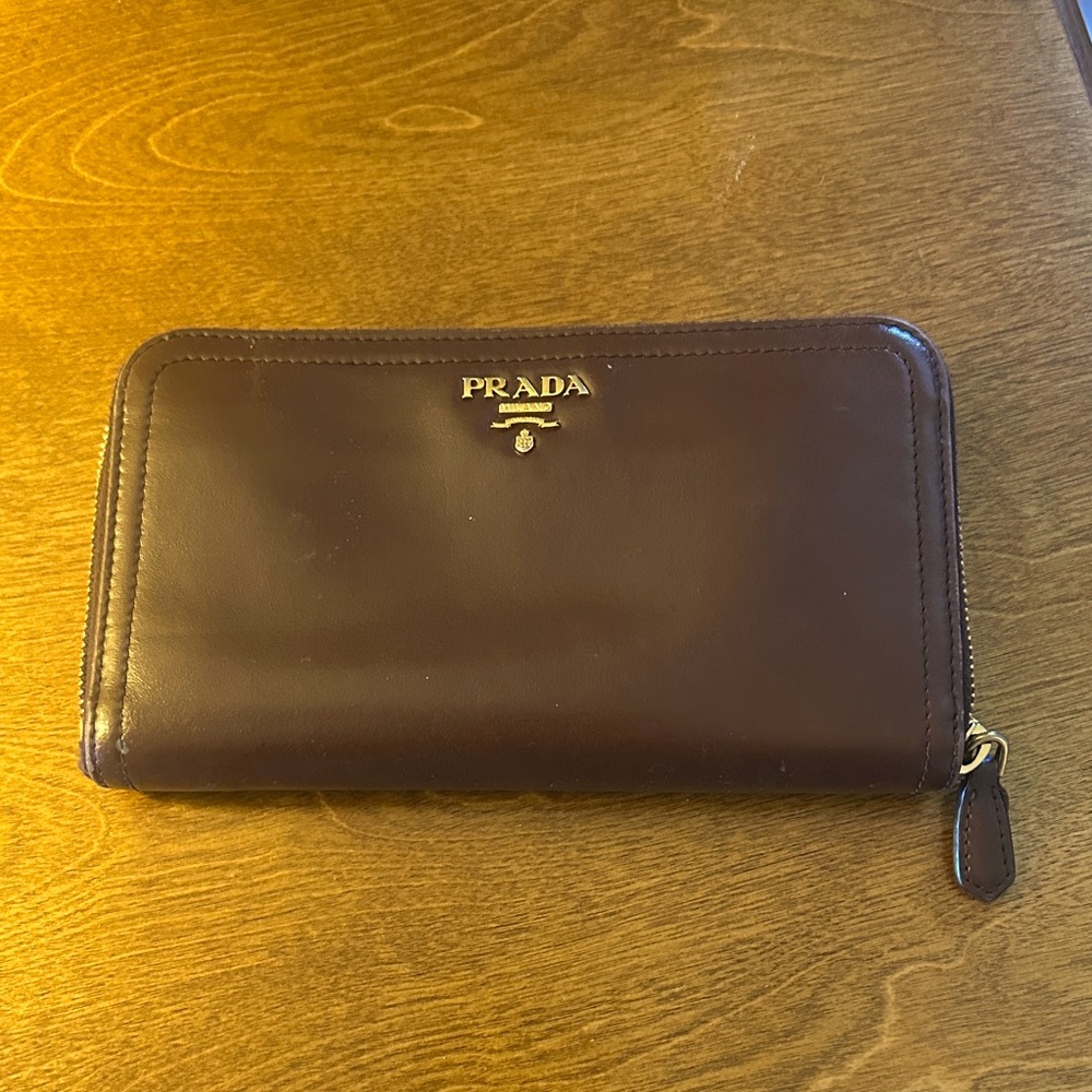 Prada Dark Brown Leather Zip Wallet